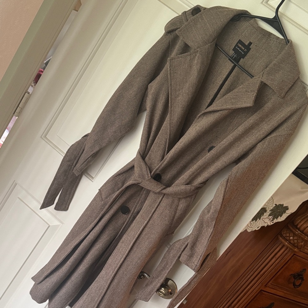 Forever 21 Contemporary Herringbone Trench Coat - Black and Tan